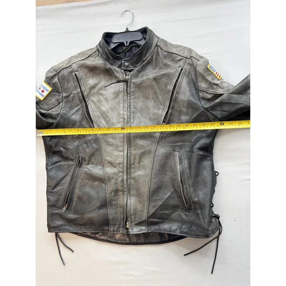 Distressed Black Leather Motorcycle Jacket Men's Laced Sides Patches Biker Coat